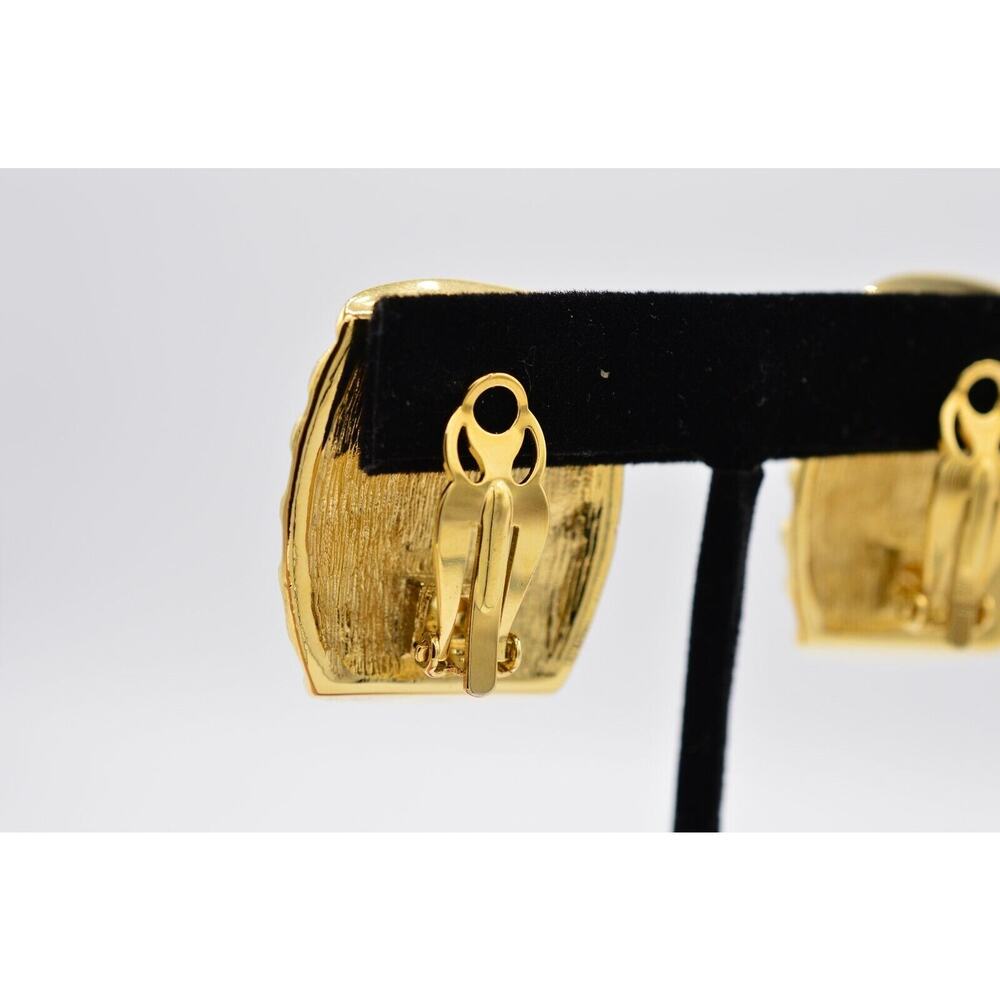 Givenchy Vintage Clip On Earrings Ribbed Chunky Heavy Gold Signed NOS 1980s BinX - Picture 10 of 12